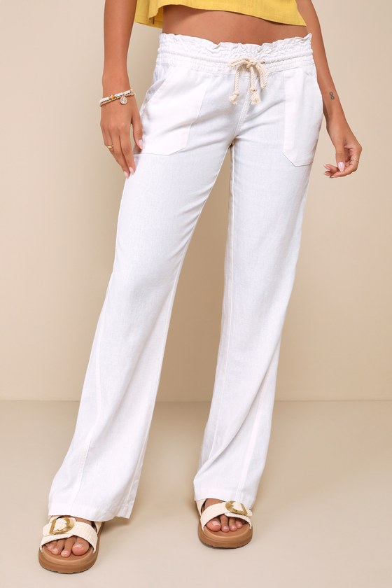 Oceanside White Linen Drawstring Flare Pants 3