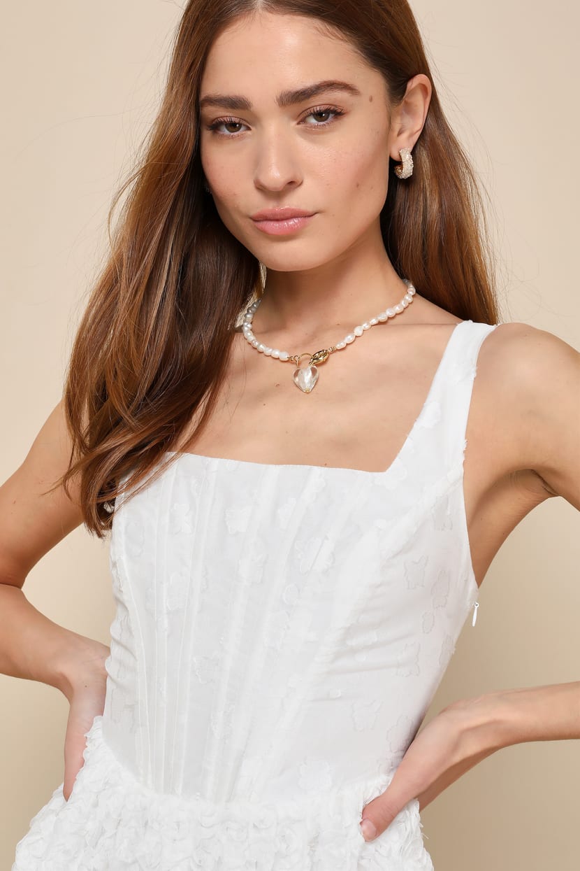 White Jacquard Dress - Rosette Bustier Dress - Cute Mini Dress - Lulus