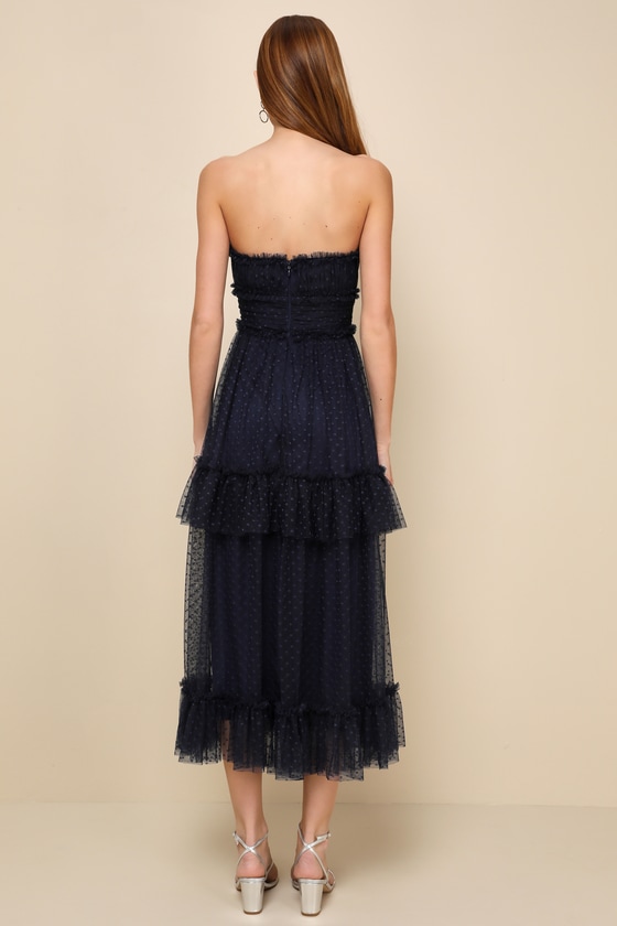 Navy Mesh Swiss Dot Dress - Strapless Midi Dress - Mesh