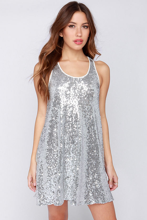 Pretty Silver Dress - Sequin Dress - Sleeveless Dress - Shift Dress ...