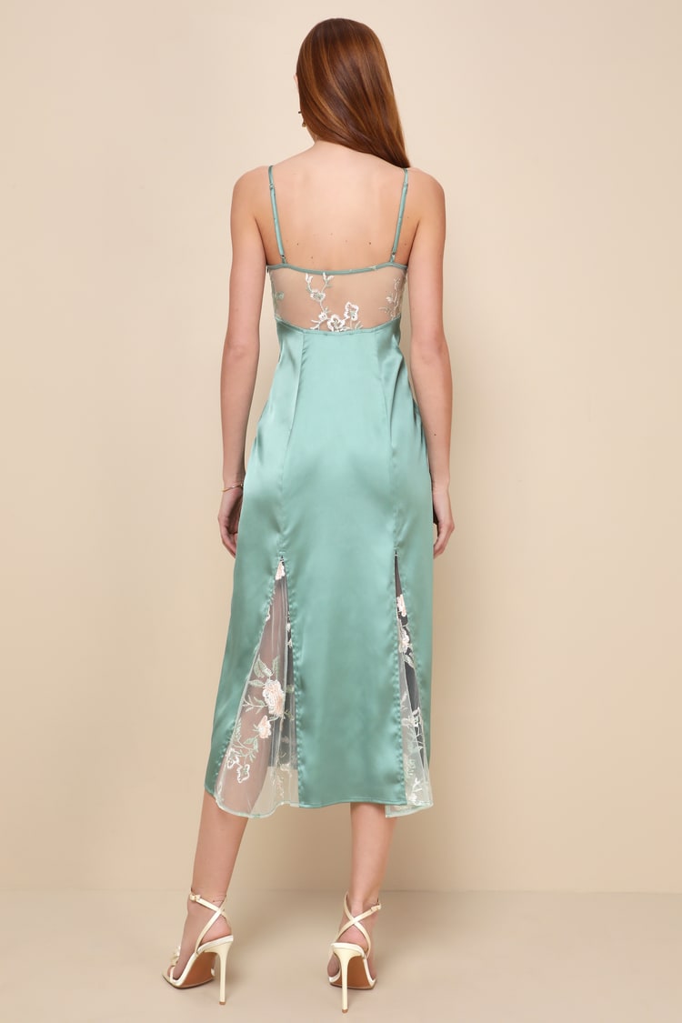 Sophisticated Guest Green Satin Embroidered Floral Midi Dress