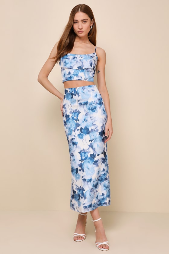 Sweet Wonder White and Blue Floral Slip Midi Skirt 1