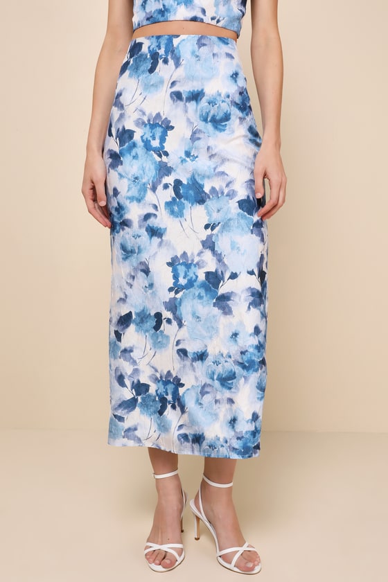 Sweet Wonder White and Blue Floral Slip Midi Skirt 6