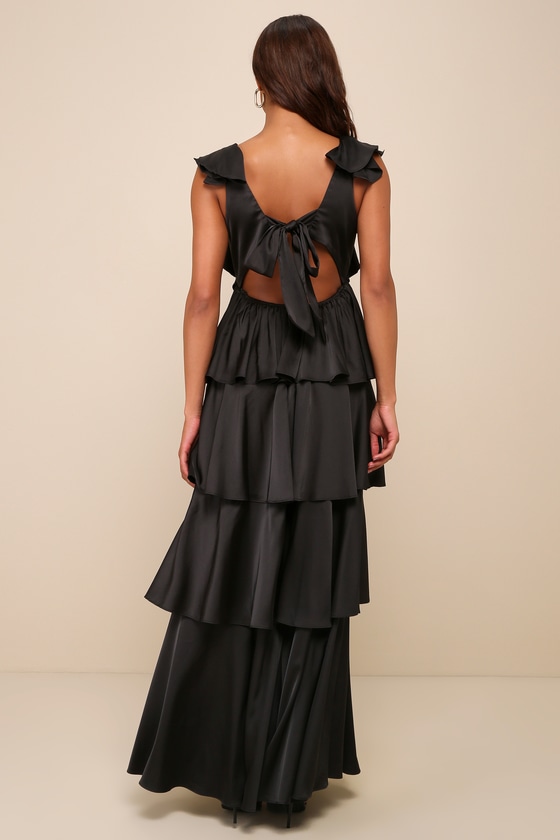 Lulus Glorious Essence Black Satin Ruffled Tiered Tie-back Maxi Dress In Black