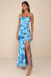 Stunning Wonder Blue Floral Mesh Bustier Mermaid Maxi Dress