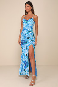 Stunning Wonder Blue Floral Mesh Bustier Mermaid Maxi Dress 1
