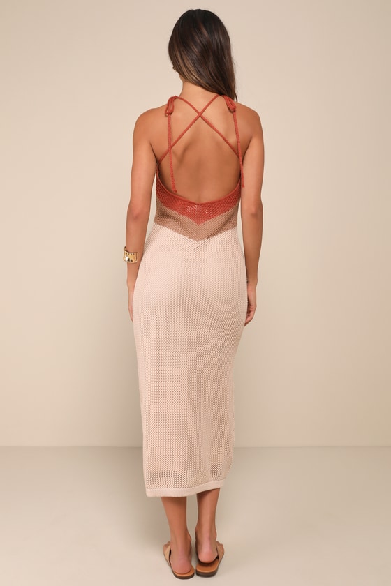 Lulus Cancun Calling Taupe Multi Crochet Halter Midi Sweater Dress In Taupe