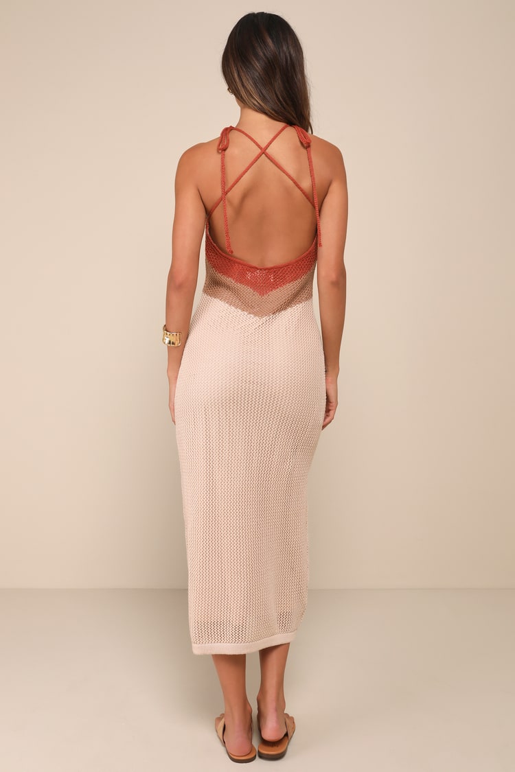 Cancun Calling Taupe Multi Crochet Halter Midi Sweater Dress