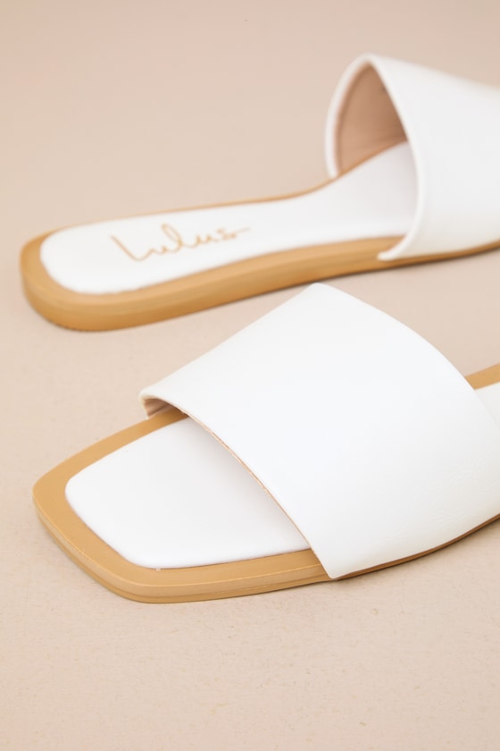 Lulus Brenner White Flat Square-toe Slide Sandals In White