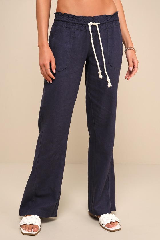 Oceanside Navy Blue Linen Drawstring Flare Pants 4