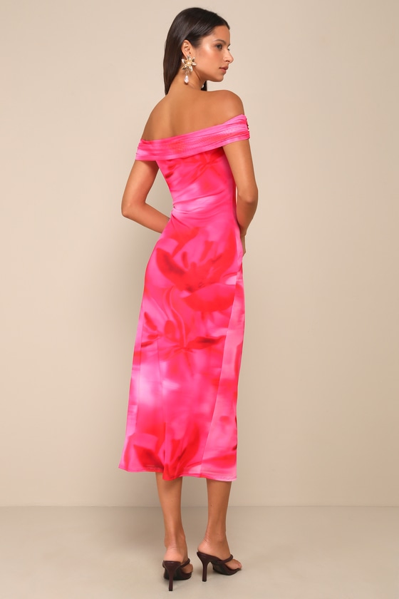 Casually Alluring Pink Floral Mesh Off-the-Shoulder Midi Dress 4