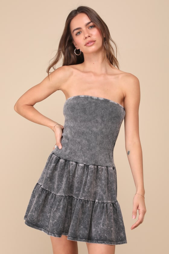 Cute Always Black Mineral Washed Ribbed Tiered Mini Dress 2