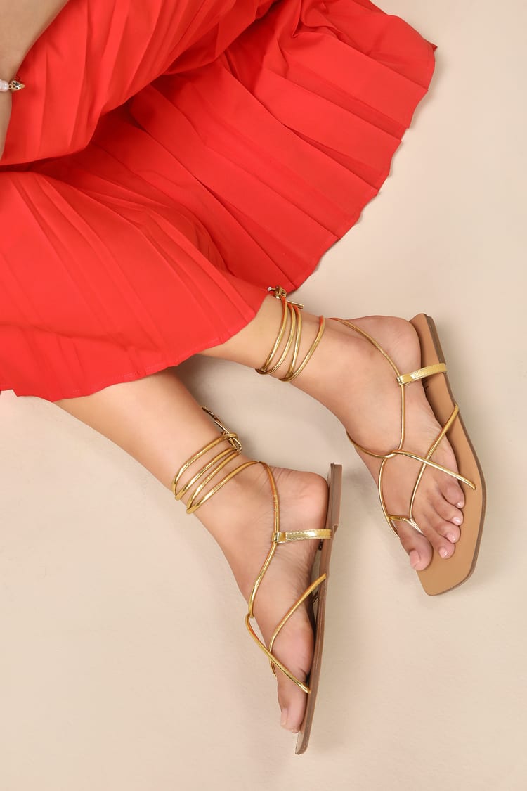 Toe Strappy Lace Up Flat Sandals Neera Gold Strappy Lace-Up Flat