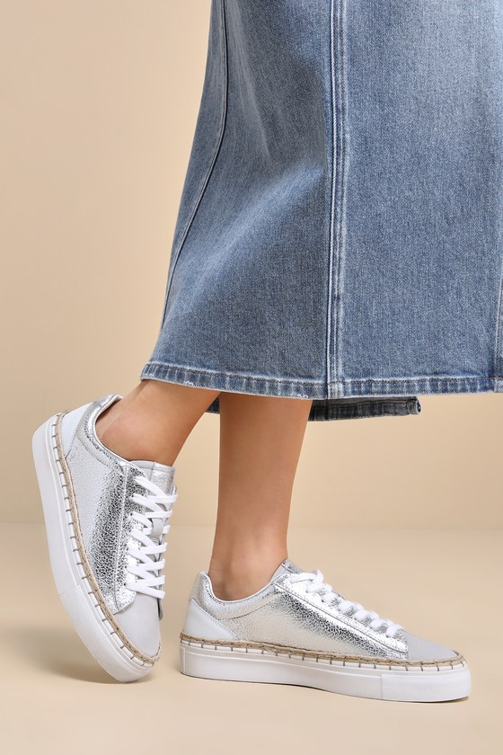 Free People Scotty Silver Raffia Stitched Leather Lace up Sneakers ModeSens