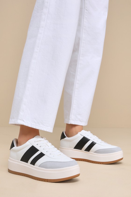 Navida White and Black Lace-Up Platform Sneakers 1