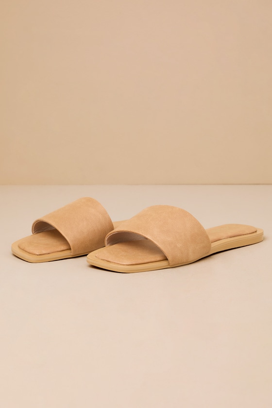 Lulus Brenner Camel Flat Square-toe Slide Sandals In Brown