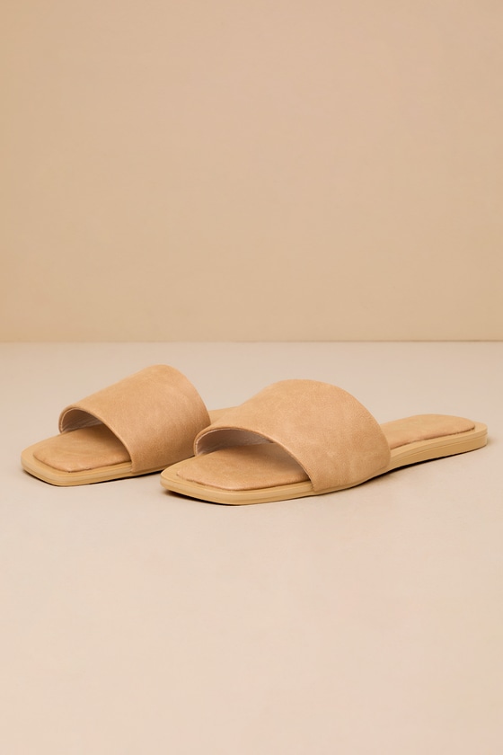 LULUS BRENNER CAMEL FLAT SQUARE-TOE SLIDE SANDALS