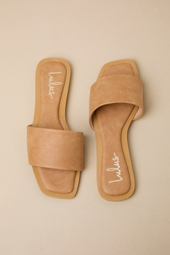 LULUS BRENNER CAMEL FLAT SQUARE-TOE SLIDE SANDALS
