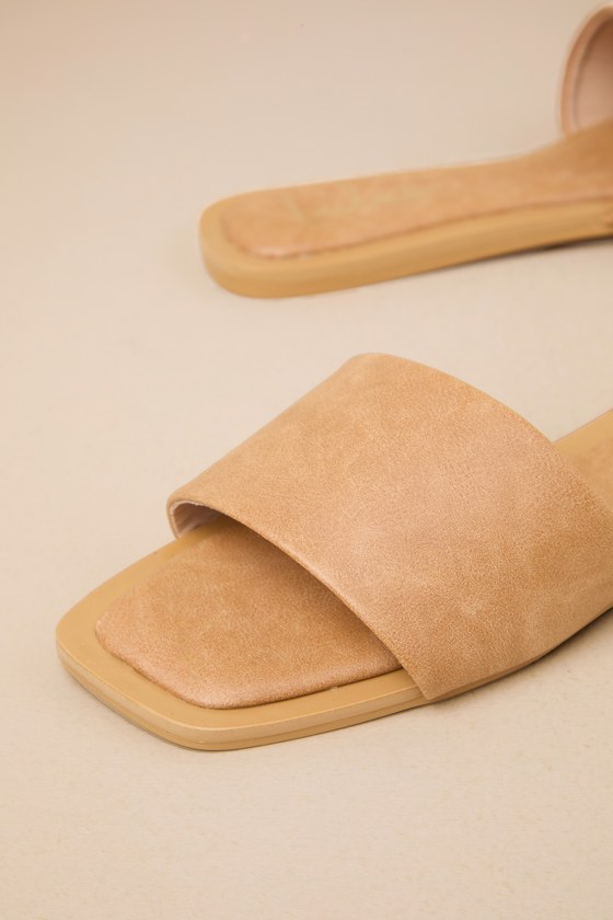 LULUS BRENNER CAMEL FLAT SQUARE-TOE SLIDE SANDALS