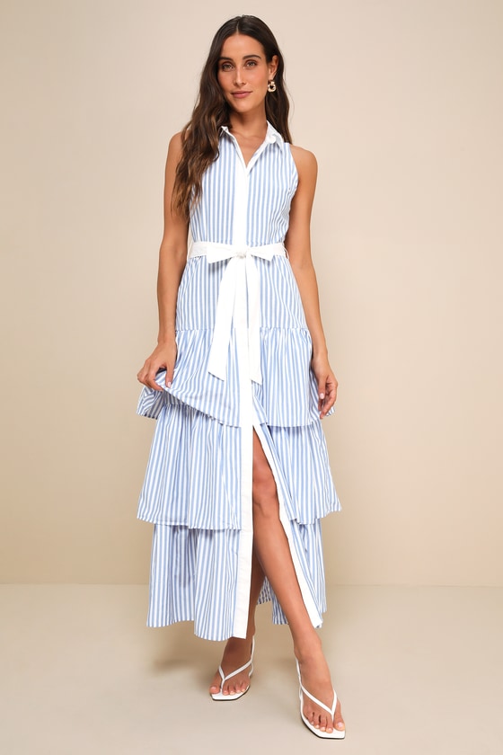 Lulus Riviera Rambler Blue & White Striped Tiered Collared Midi Dress