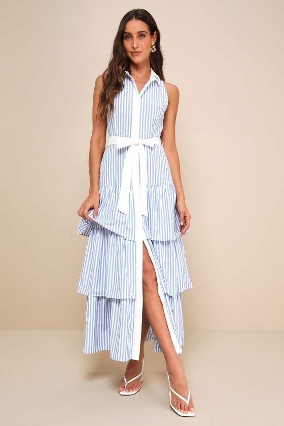 Riviera Rambler Blue & White Striped Tiered Collared Midi Dress 3
