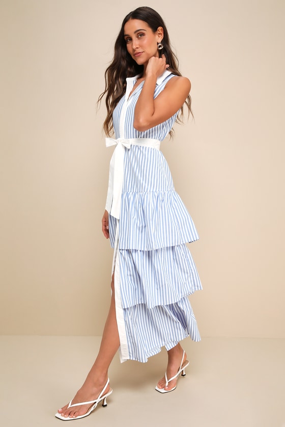 Riviera Rambler Blue & White Striped Tiered Collared Midi Dress 4