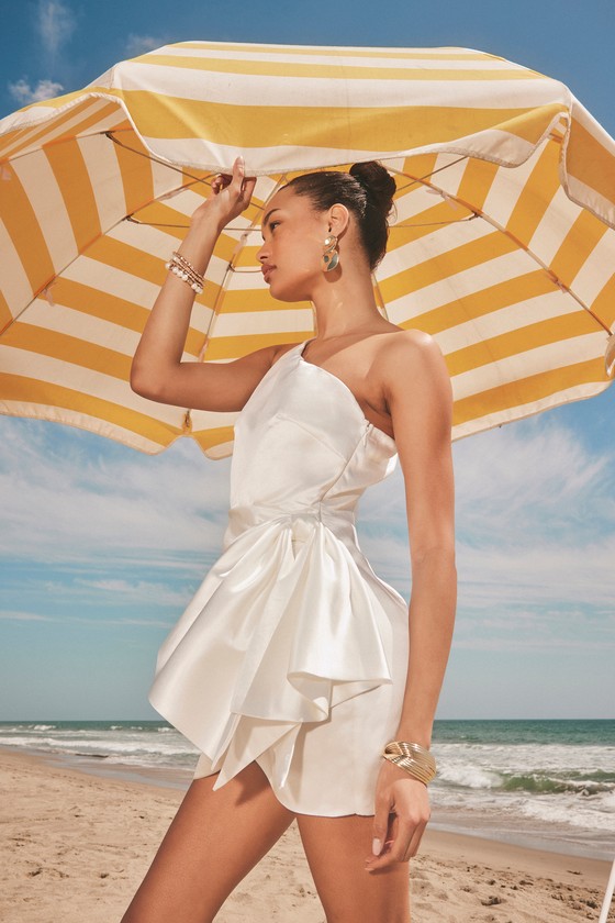 White Satin Mini Dress - One-Shoulder Bow Dress - Cute Mini Dress - Lulus