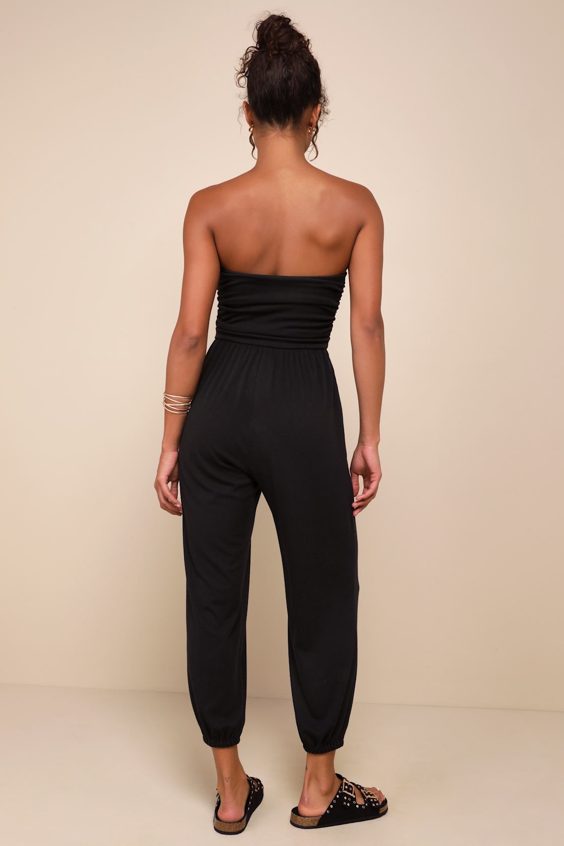 Flawless Comfort Black Ruched Strapless Jogger Jumpsuit