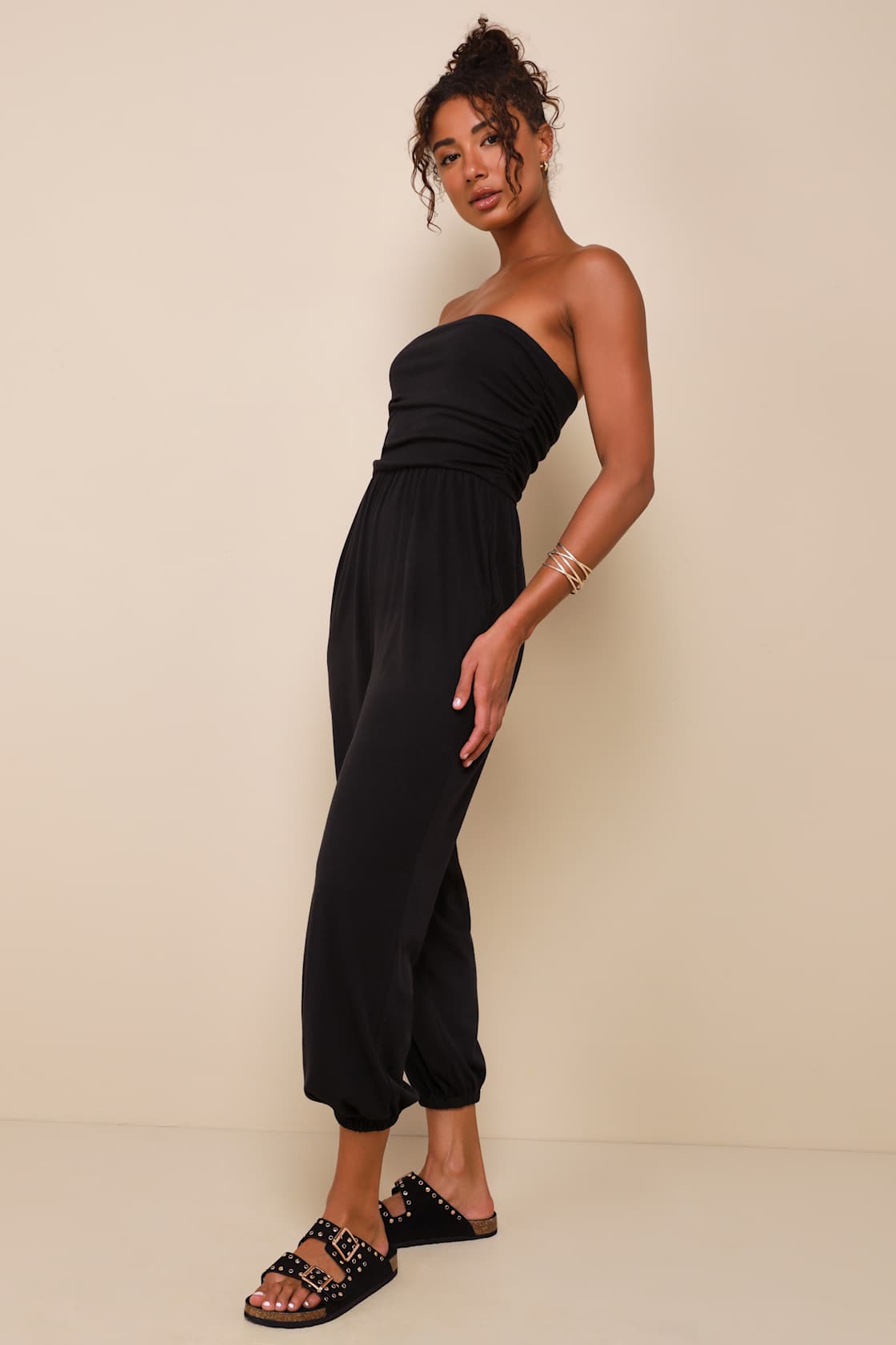Flawless Comfort Black Ruched Strapless Jogger Jumpsuit
