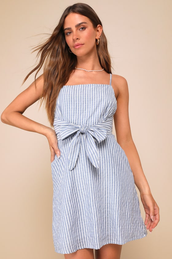 Lulus St. Tropez Trip Blue And White Striped Tie-front Mini Dress