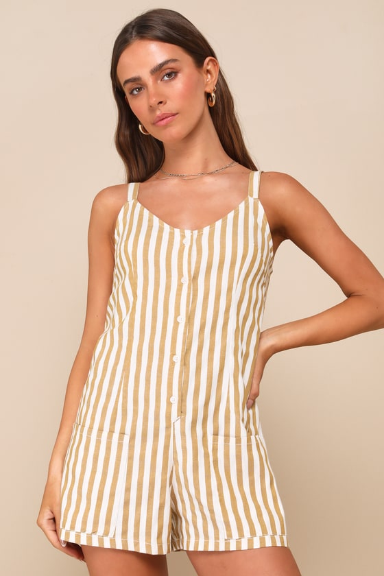 Good Times Light Brown Striped Tie-Back Sleeveless Romper 1