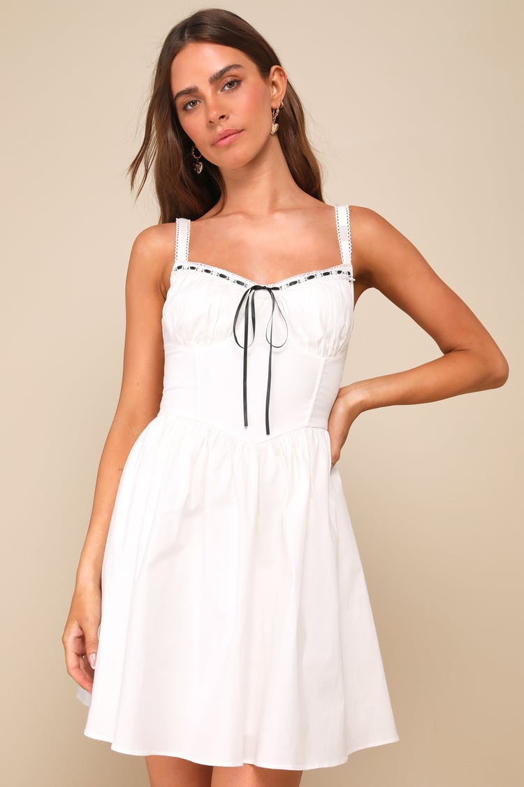 Deeply Charming White Lace Bustier Ribbon Mini Dress Deeply Charming White Lace Bustier Ribbon Mini Dress
