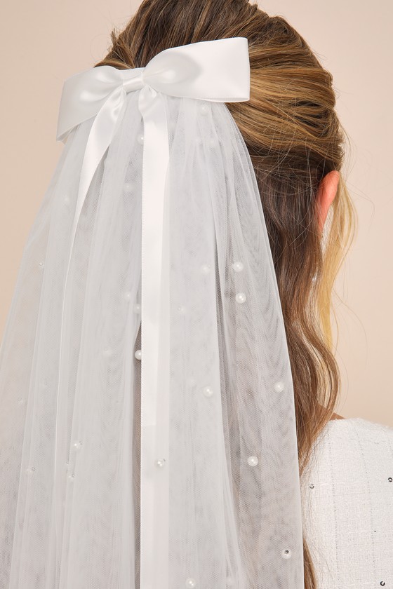 White Mesh Veil - Satin Bow Veil - White Pearl Veil - Short Veil - Image 2