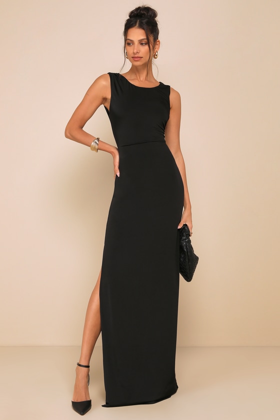 Lulus Significant Allure Black Slinky Knit Ruched Maxi Dress