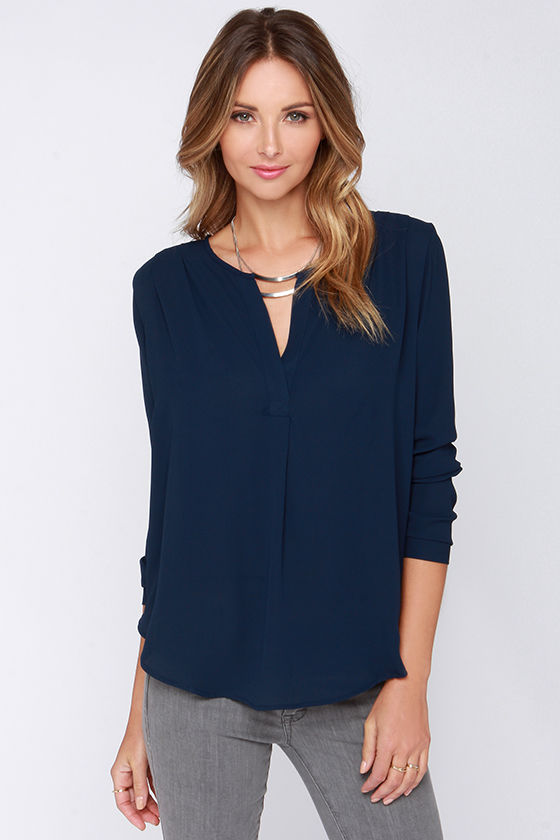 Navy Blue Top - Chic Top - Long Sleeve Top $38.00 - Lulus