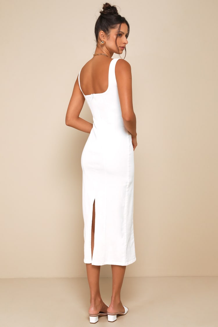 Carefree Style White Denim Bodycon Midi Dress