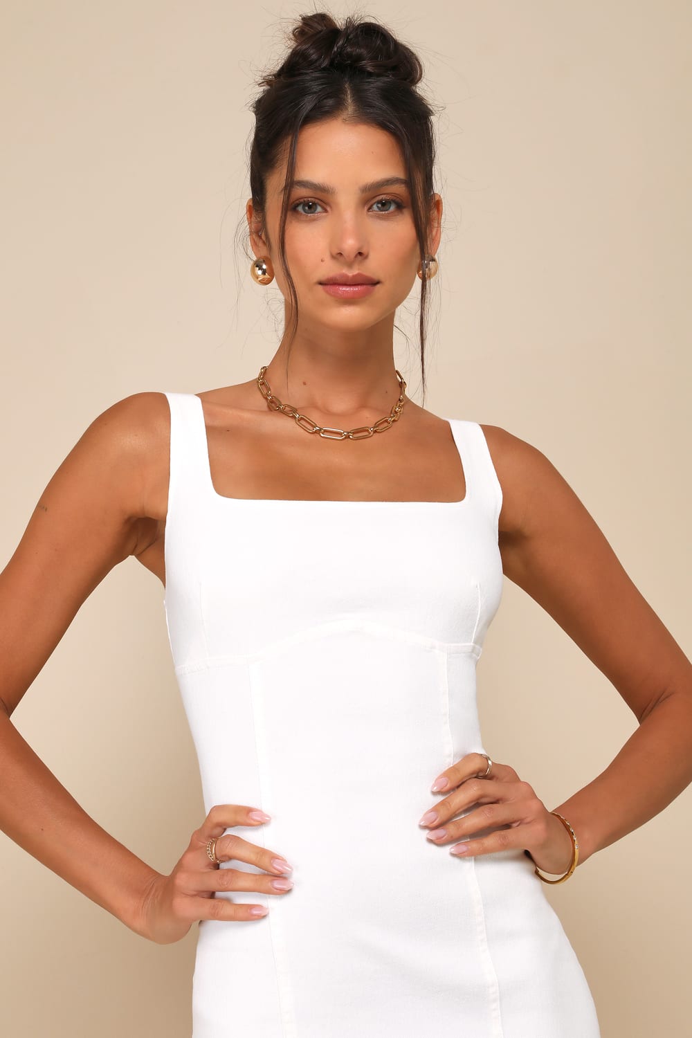 Carefree Style White Denim Bodycon Midi Dress