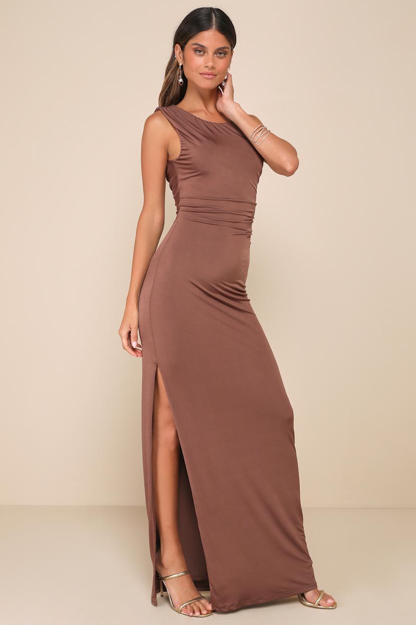 plt brown ruched dress Brown High Neck Ruched Draped Mini Dress main image 0