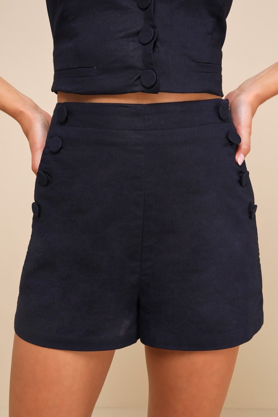 Lulus Poised Picture Navy Blue Linen Side-button High Rise Shorts In Navy Blue