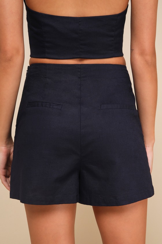 Lulus Poised Picture Navy Blue Linen Side-button High Rise Shorts In Navy Blue