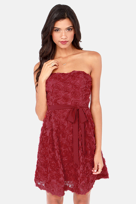 Cute Wine Red Dress Strapless Dress Floral Dress 60.00 Lulus