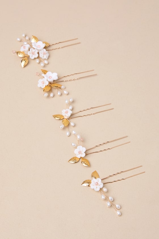 Beautiful Adornment Gold and White 5-Piece Floral Hair Pin Set