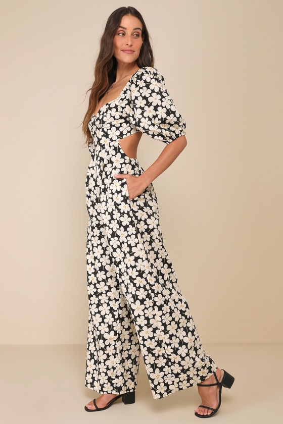 Favorable Sweetness Black Floral Backless Puff Sleeve Jumpsuit