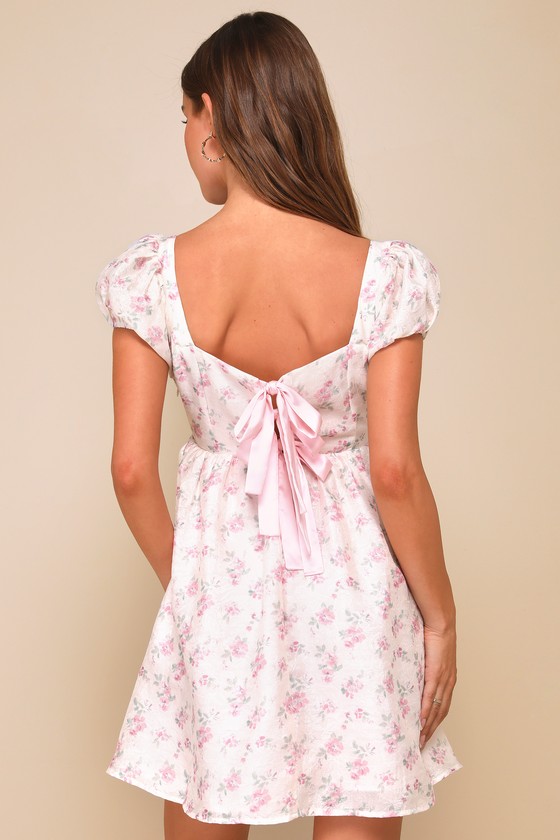 Short Puff Sleeve Bow Detail Dots Print Mini Dress main image 0
