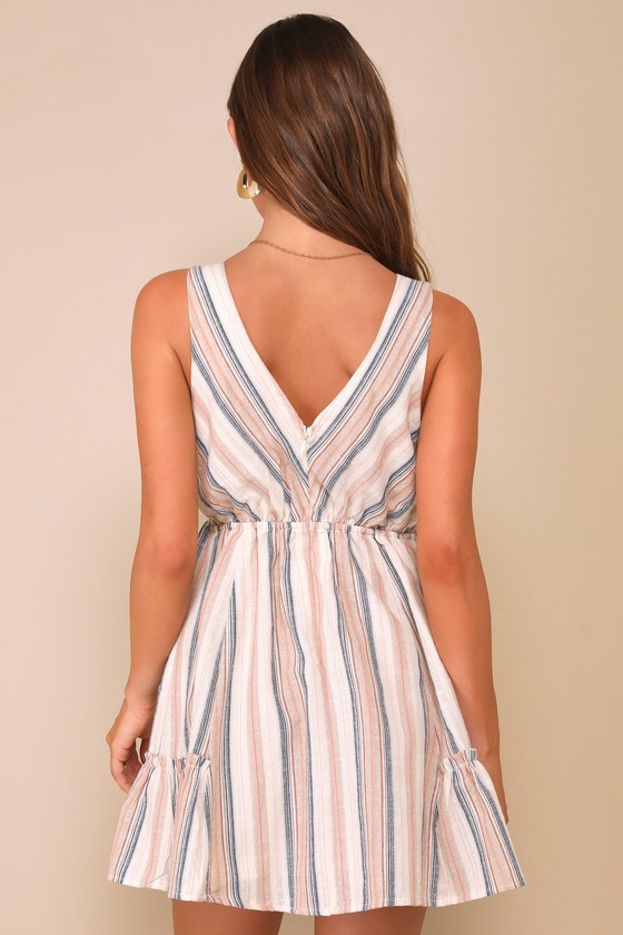 Lulus Precious Destiny Cream Multi Striped Mini Dress With Pockets In Cream Multi