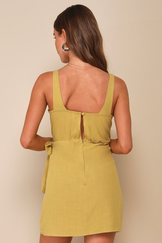 Shop Lulus Effortlessly Airy Chartreuse Linen Faux Wrap Mini Dress In Green