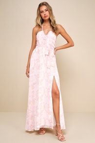 Effortlessly Abloom Light Pink Floral Ruched Halter Maxi Dress 3
