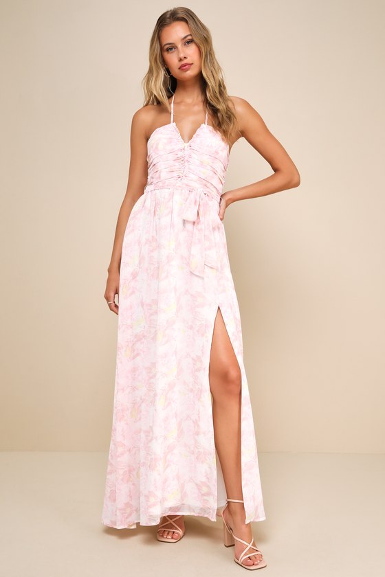 Light Pink Floral Maxi Dress - Ruched Midi Dress - Halter Dress - Lulus