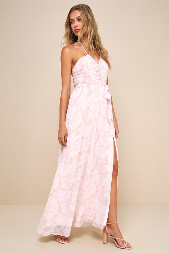 Lulus Effortlessly Abloom Light Pink Floral Ruched Halter Maxi Dress In Light Pink