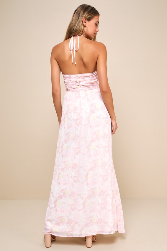 Lulus Effortlessly Abloom Light Pink Floral Ruched Halter Maxi Dress In Light Pink